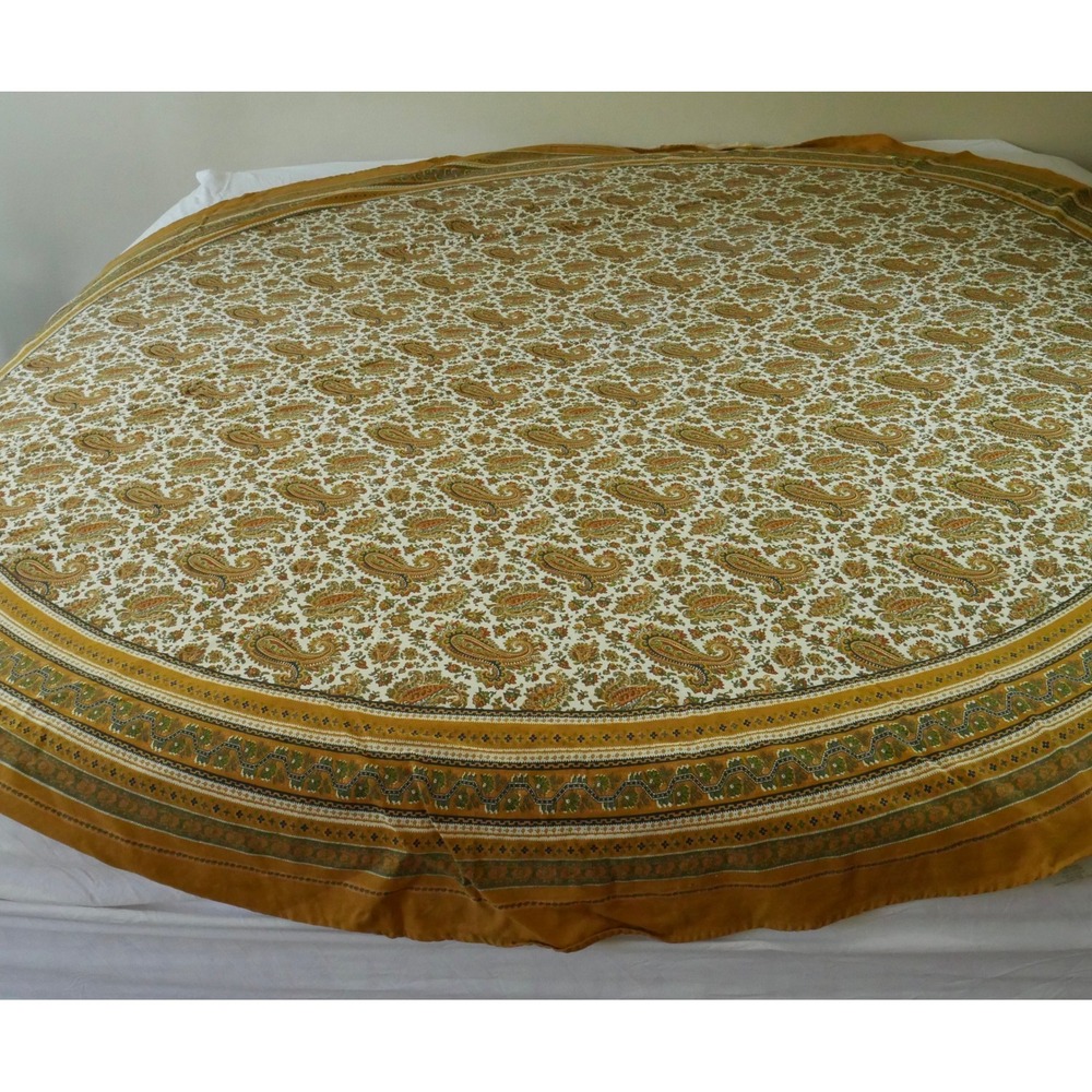Artimino 85 Inch Round Cotton Tablecloth Paisley Floral Mustard French Country
